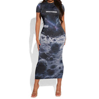 Mae Jemison Short Sleeve Bodycon Dress with Space Portrait Design, Science Has No Boundaries Quote and DNA Book Elements - Wonder Print Shop