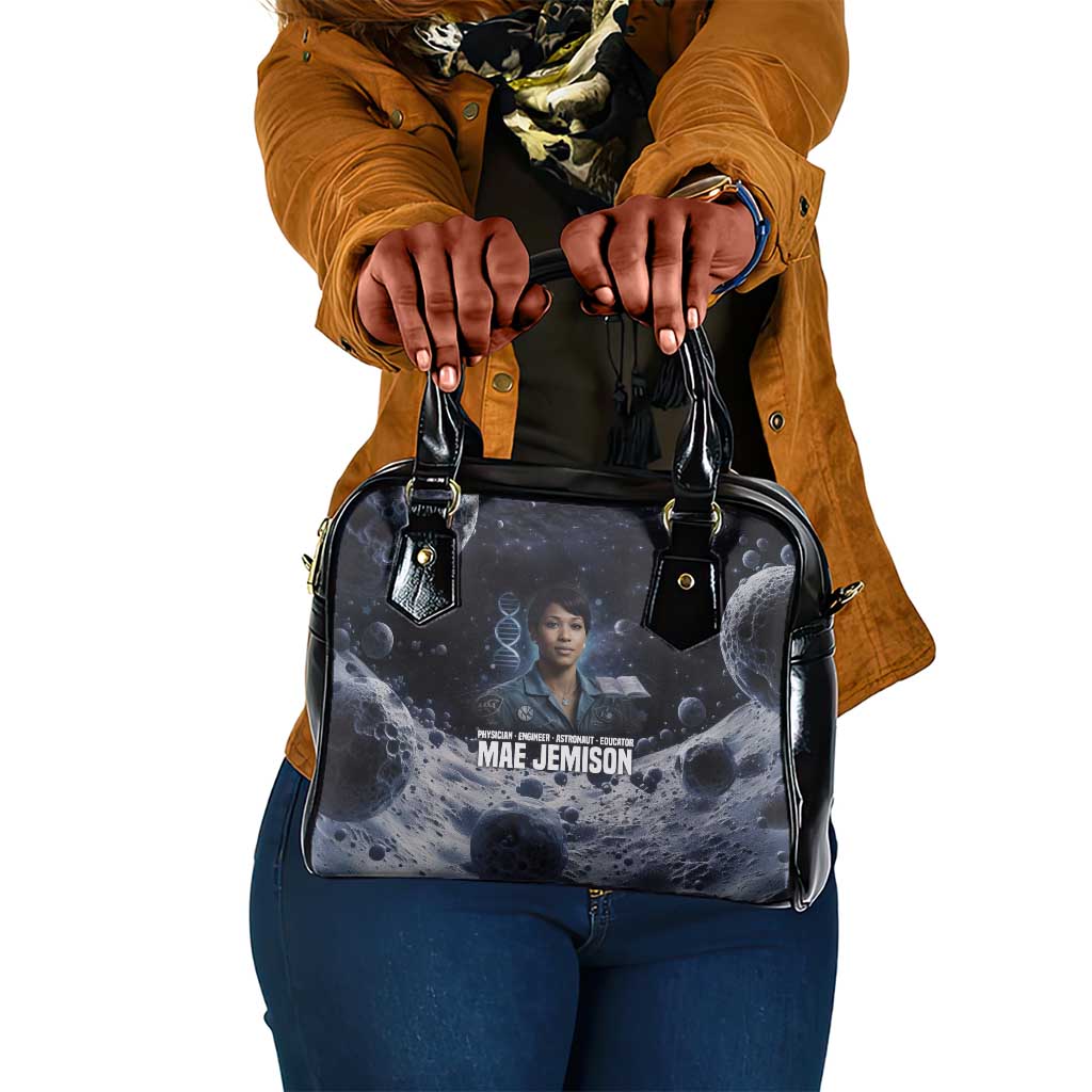 Mae Jemison Shoulder Handbag with Space Portrait Design, Science Has No Boundaries Quote and DNA Book Elements - Wonder Print Shop