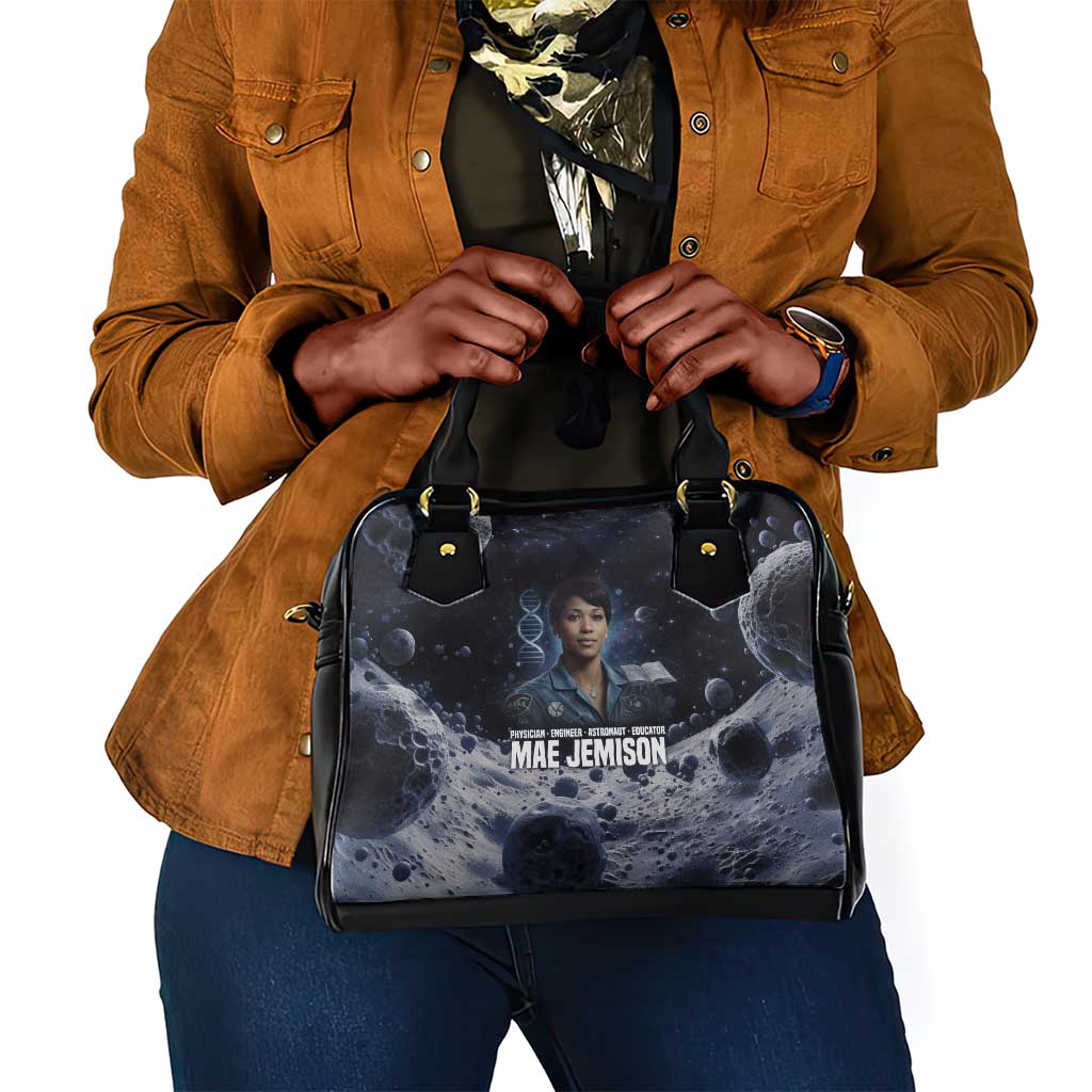 Mae Jemison Shoulder Handbag with Space Portrait Design, Science Has No Boundaries Quote and DNA Book Elements - Wonder Print Shop