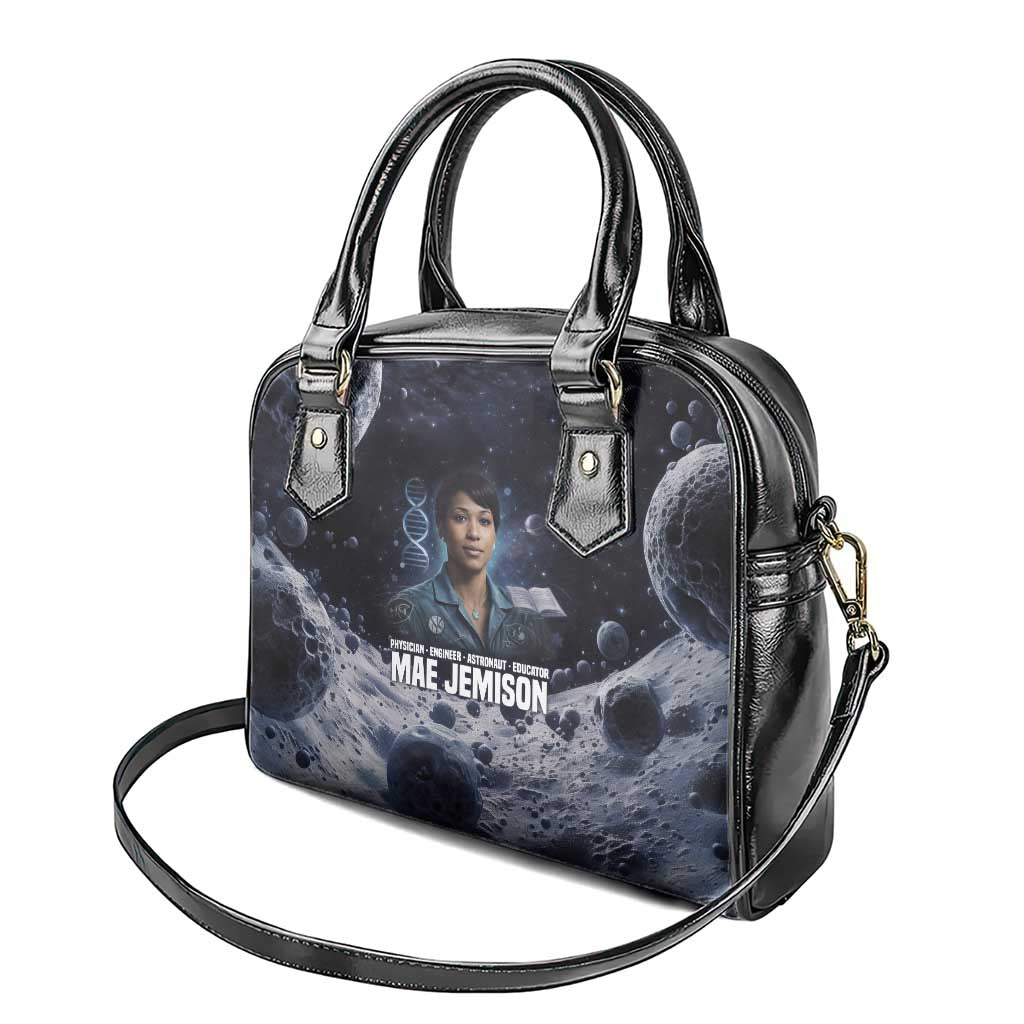 Mae Jemison Shoulder Handbag with Space Portrait Design, Science Has No Boundaries Quote and DNA Book Elements - Wonder Print Shop