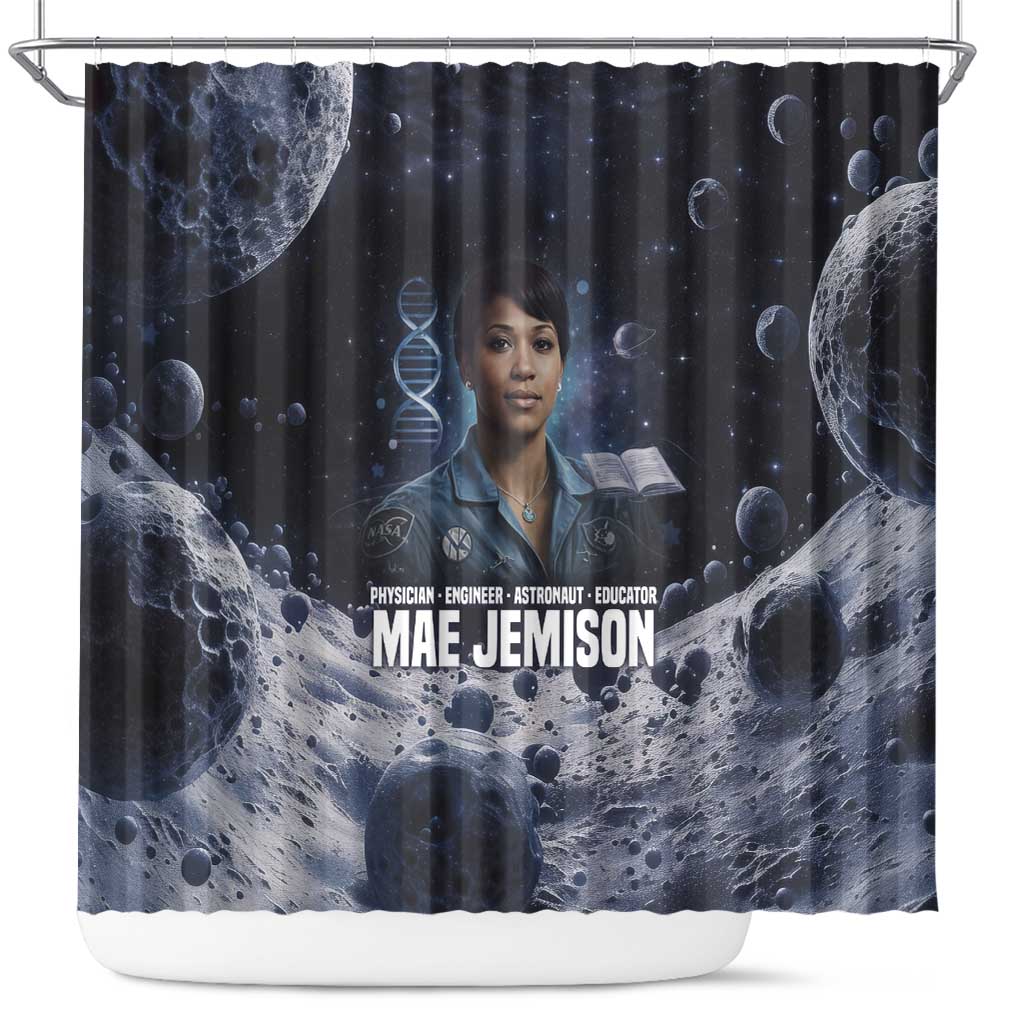 Mae Jemison Shower Curtain with Space Portrait Design, Science Has No Boundaries Quote and DNA Book Elements - Wonder Print Shop