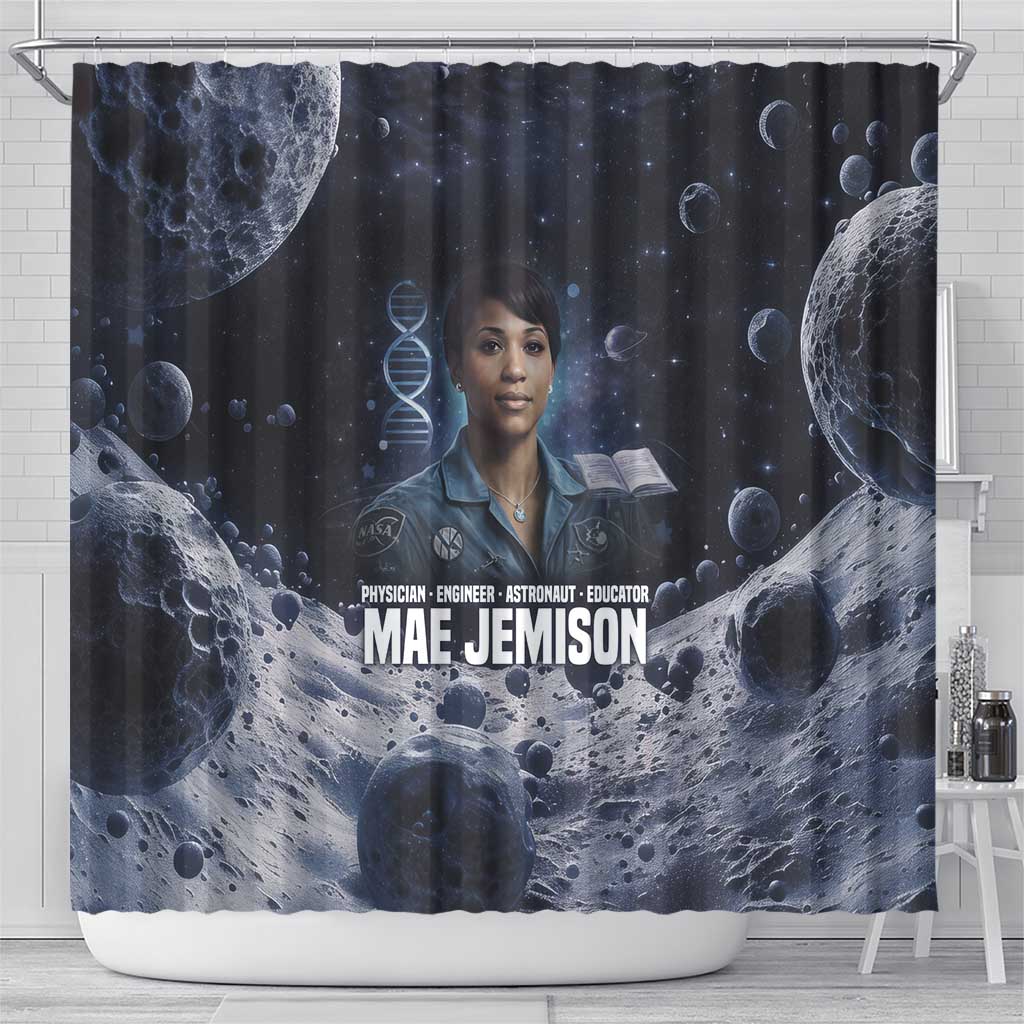 Mae Jemison Shower Curtain with Space Portrait Design, Science Has No Boundaries Quote and DNA Book Elements - Wonder Print Shop