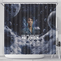 Mae Jemison Shower Curtain with Space Portrait Design, Science Has No Boundaries Quote and DNA Book Elements - Wonder Print Shop