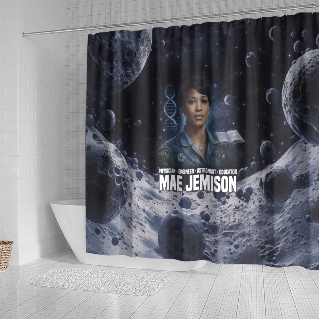 Mae Jemison Shower Curtain with Space Portrait Design, Science Has No Boundaries Quote and DNA Book Elements - Wonder Print Shop