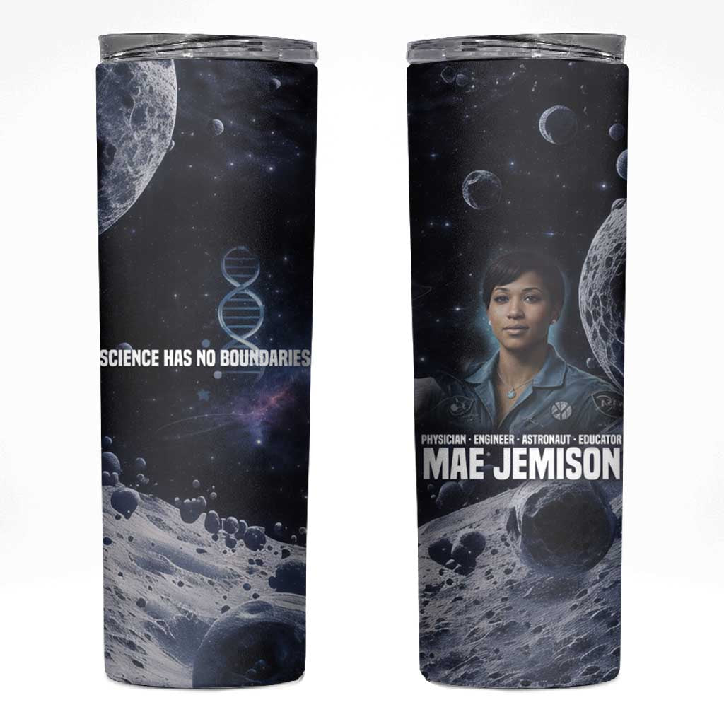 Mae Jemison Skinny Tumbler with Space Portrait Design, Science Has No Boundaries Quote and DNA Book Elements - Wonder Print Shop