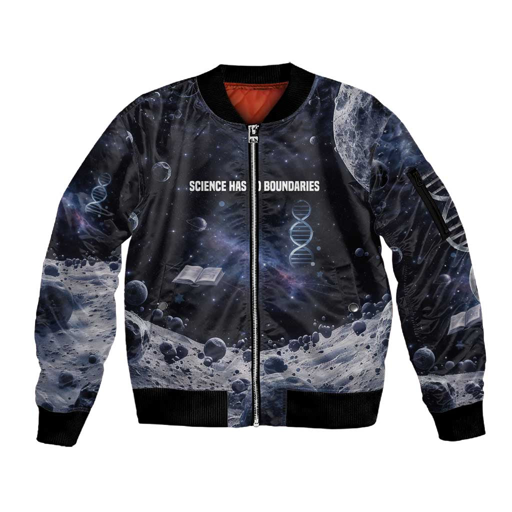 Mae Jemison Sleeve Zip Bomber Jacket with Space Portrait Design, Science Has No Boundaries Quote and DNA Book Elements - Wonder Print Shop