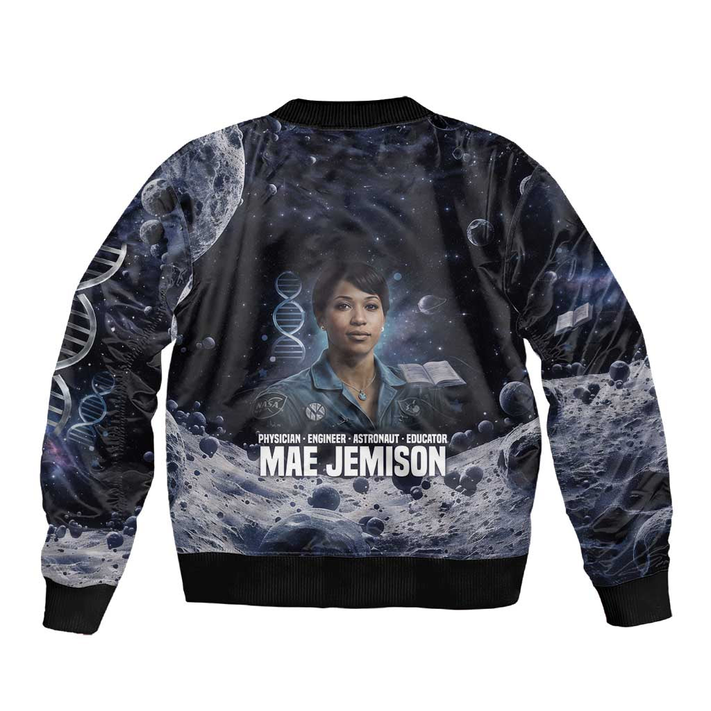 Mae Jemison Sleeve Zip Bomber Jacket with Space Portrait Design, Science Has No Boundaries Quote and DNA Book Elements - Wonder Print Shop