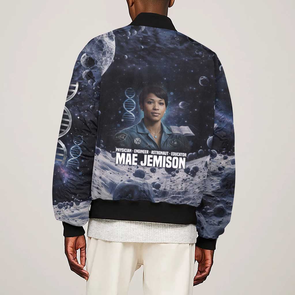 Mae Jemison Sleeve Zip Bomber Jacket with Space Portrait Design, Science Has No Boundaries Quote and DNA Book Elements - Wonder Print Shop