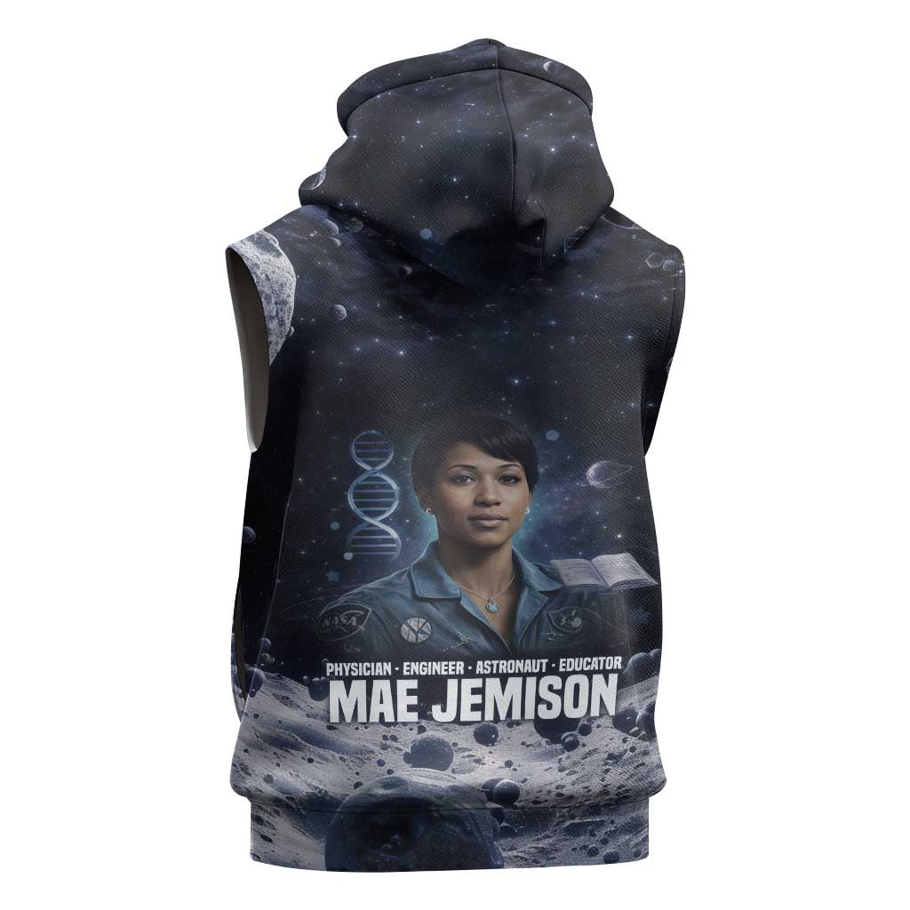 Mae Jemison Sleeveless Hoodie with Space Portrait Design, Science Has No Boundaries Quote and DNA Book Elements - Wonder Print Shop