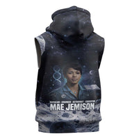 Mae Jemison Sleeveless Hoodie with Space Portrait Design, Science Has No Boundaries Quote and DNA Book Elements - Wonder Print Shop