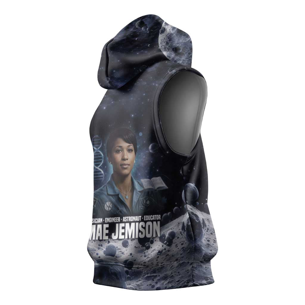 Mae Jemison Sleeveless Hoodie with Space Portrait Design, Science Has No Boundaries Quote and DNA Book Elements - Wonder Print Shop