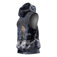 Mae Jemison Sleeveless Hoodie with Space Portrait Design, Science Has No Boundaries Quote and DNA Book Elements - Wonder Print Shop