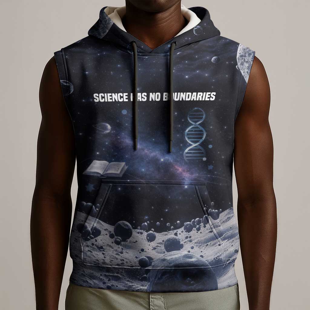 Mae Jemison Sleeveless Hoodie with Space Portrait Design, Science Has No Boundaries Quote and DNA Book Elements - Wonder Print Shop