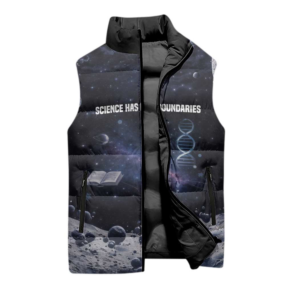 Mae Jemison Sleeveless Puffer Jacket with Space Portrait Design, Science Has No Boundaries Quote and DNA Book Elements - Wonder Print Shop