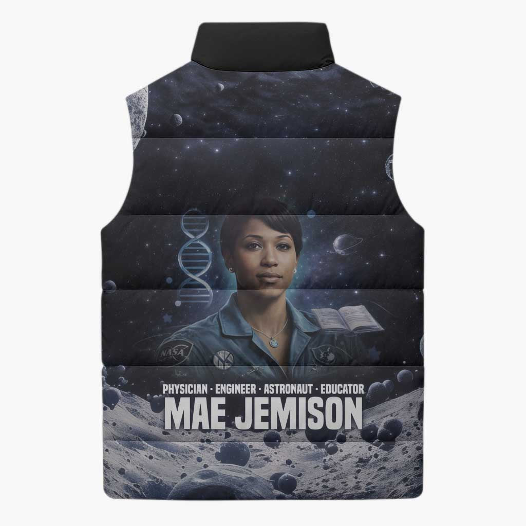 Mae Jemison Sleeveless Puffer Jacket with Space Portrait Design, Science Has No Boundaries Quote and DNA Book Elements - Wonder Print Shop