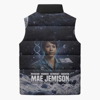 Mae Jemison Sleeveless Puffer Jacket with Space Portrait Design, Science Has No Boundaries Quote and DNA Book Elements - Wonder Print Shop