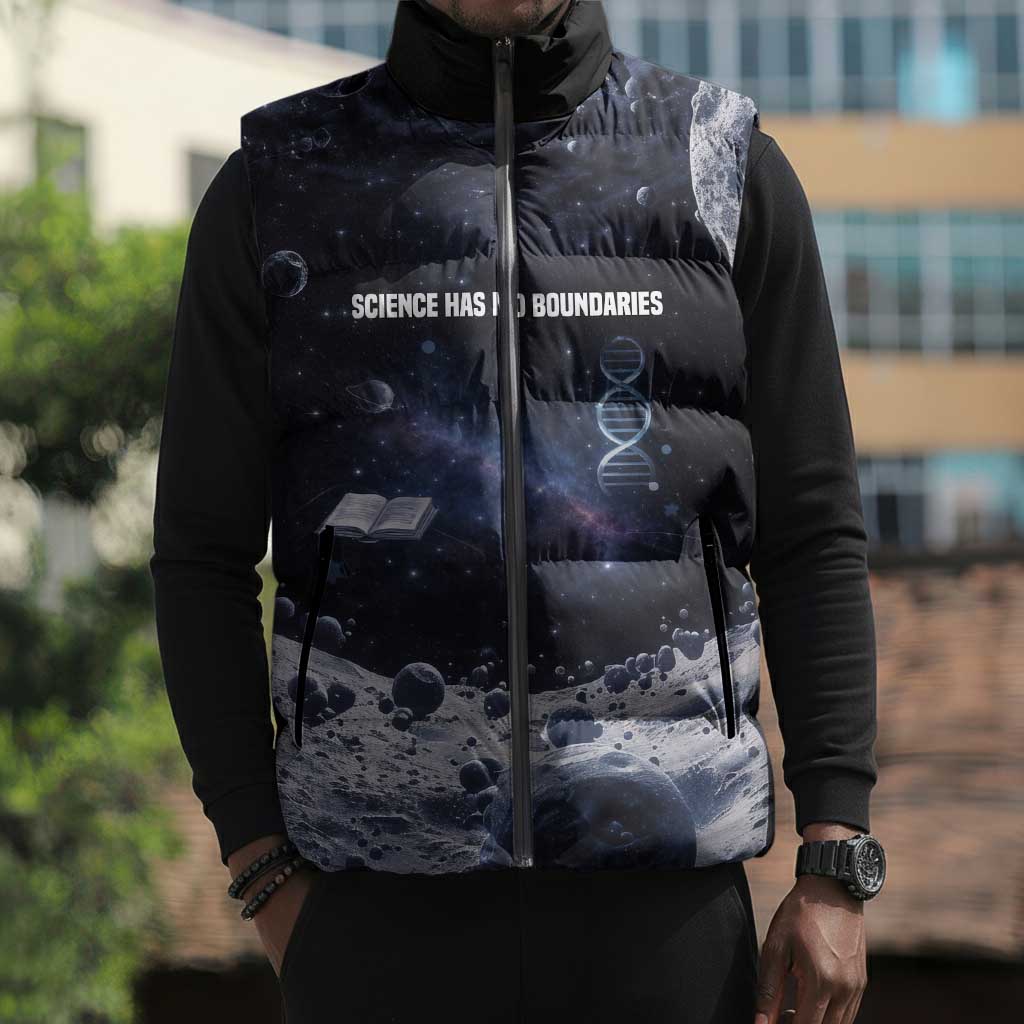 Mae Jemison Sleeveless Puffer Jacket with Space Portrait Design, Science Has No Boundaries Quote and DNA Book Elements - Wonder Print Shop