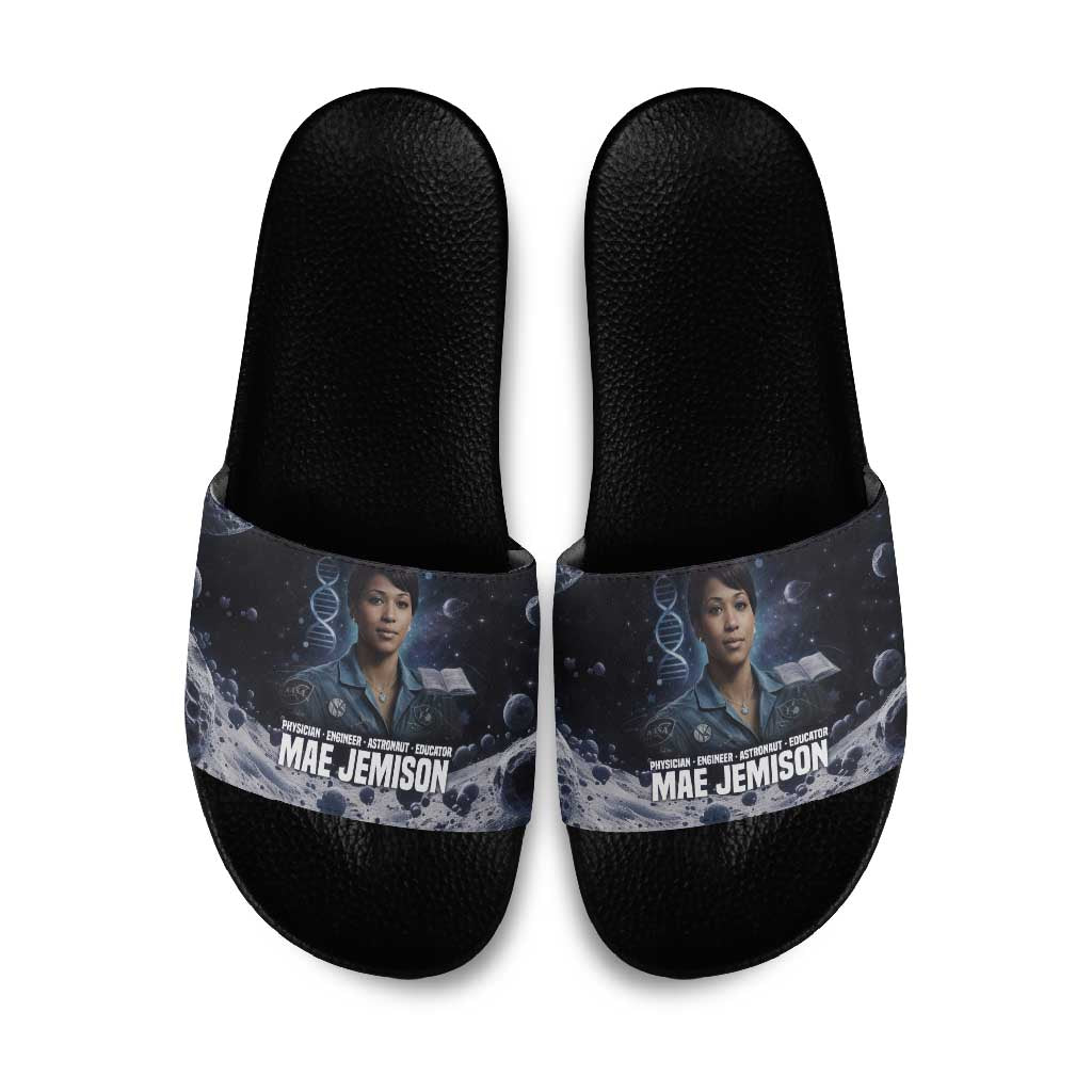 Mae Jemison Slide Sandals with Space Portrait Design, Science Has No Boundaries Quote and DNA Book Elements - Wonder Print Shop