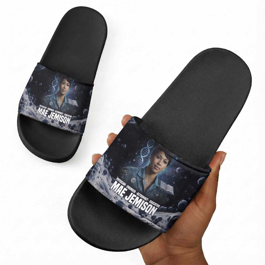 Mae Jemison Slide Sandals with Space Portrait Design, Science Has No Boundaries Quote and DNA Book Elements - Wonder Print Shop