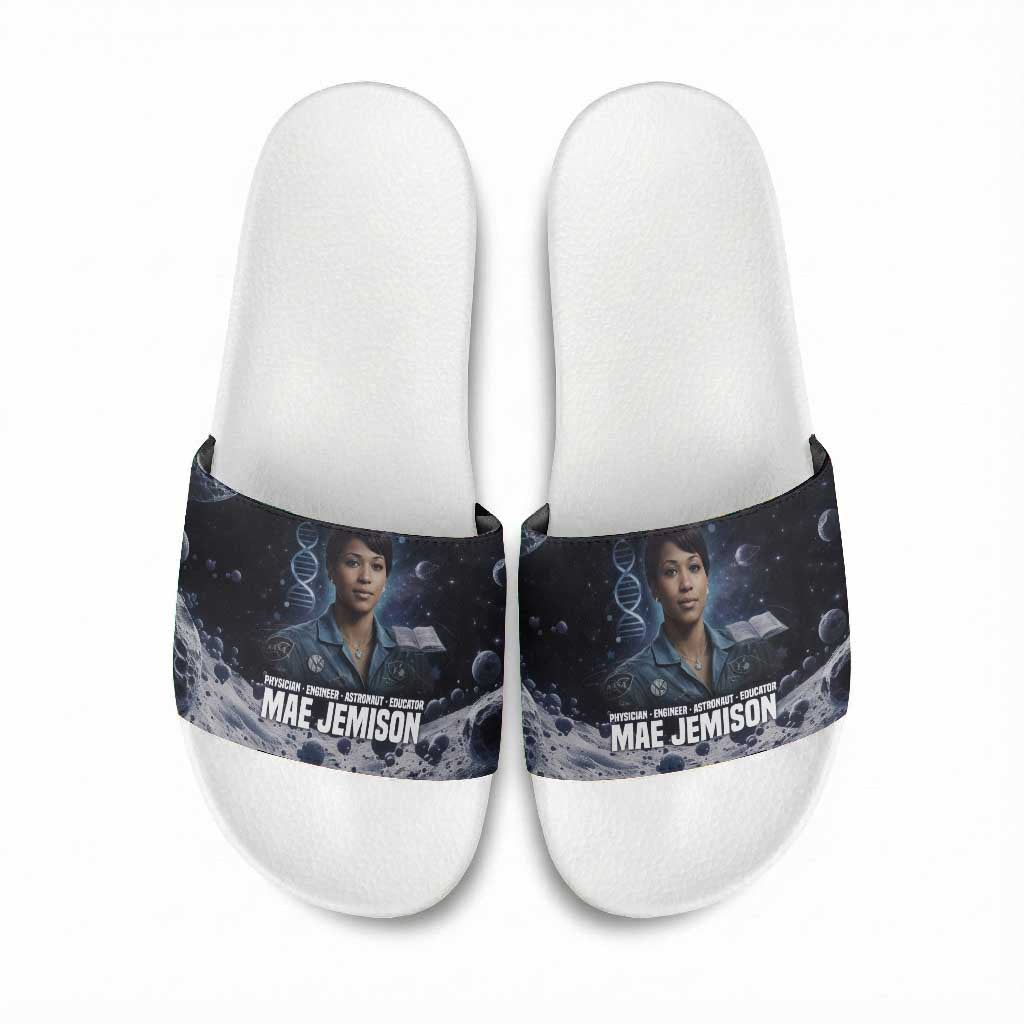 Mae Jemison Slide Sandals with Space Portrait Design, Science Has No Boundaries Quote and DNA Book Elements - Wonder Print Shop