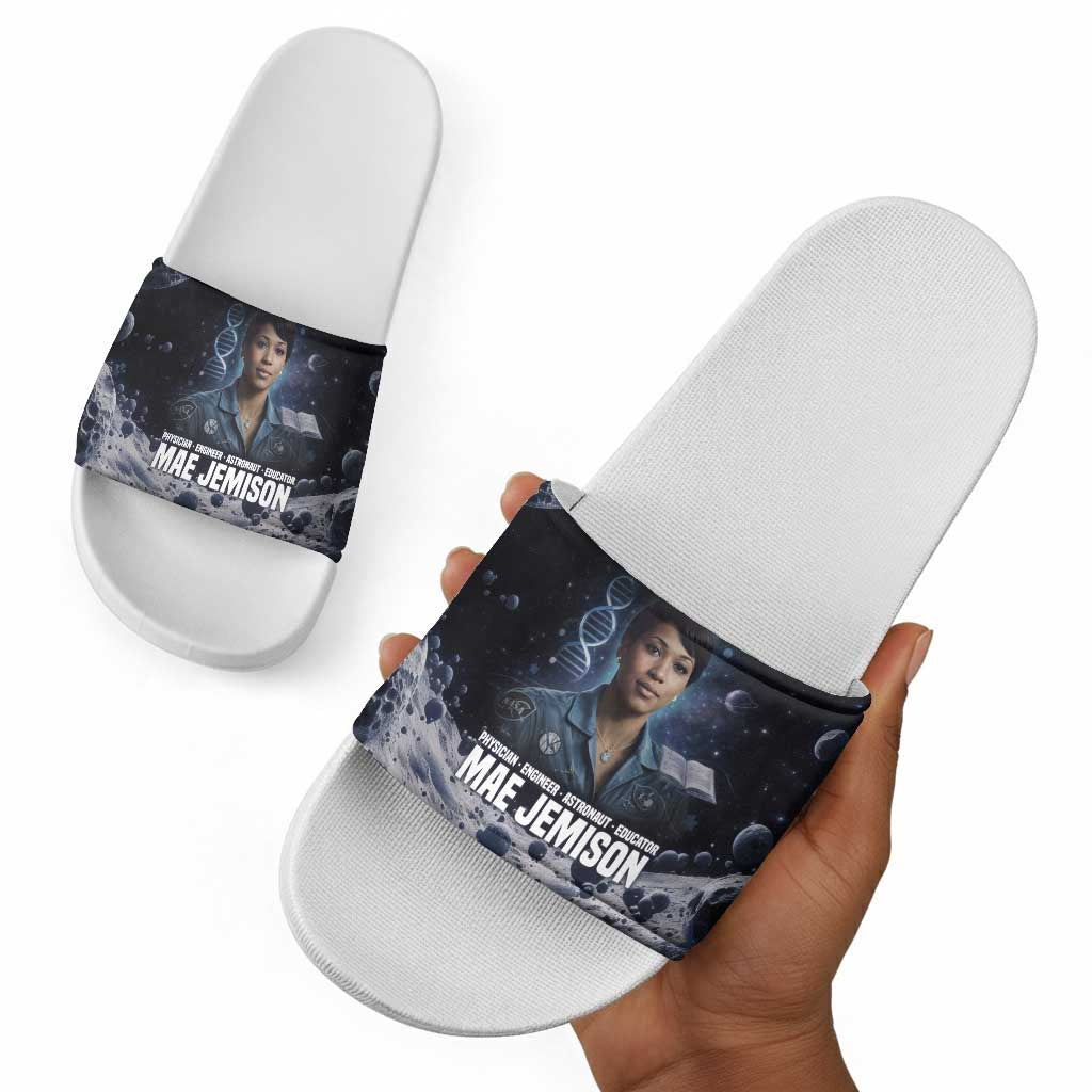 Mae Jemison Slide Sandals with Space Portrait Design, Science Has No Boundaries Quote and DNA Book Elements - Wonder Print Shop
