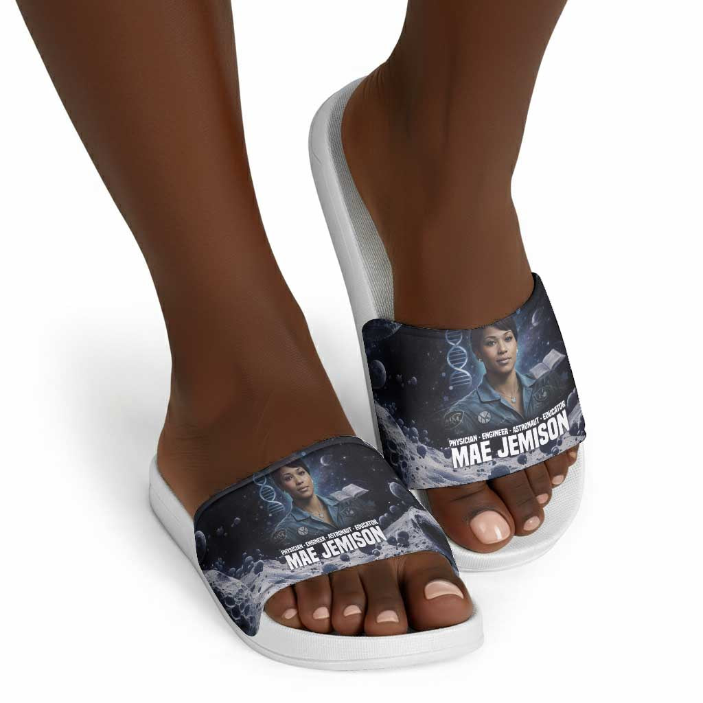 Mae Jemison Slide Sandals with Space Portrait Design, Science Has No Boundaries Quote and DNA Book Elements - Wonder Print Shop