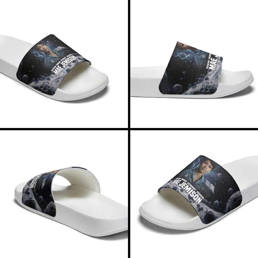 Mae Jemison Slide Sandals with Space Portrait Design, Science Has No Boundaries Quote and DNA Book Elements - Wonder Print Shop