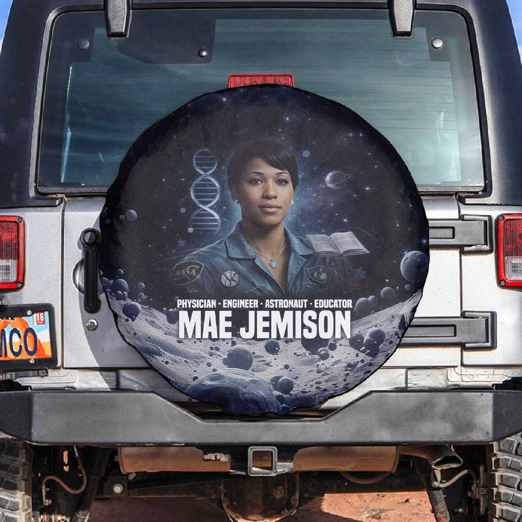 Mae Jemison Spare Tire Cover with Space Portrait Design, Science Has No Boundaries Quote and DNA Book Elements - Wonder Print Shop