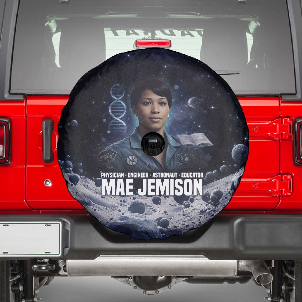 Mae Jemison Spare Tire Cover with Space Portrait Design, Science Has No Boundaries Quote and DNA Book Elements - Wonder Print Shop