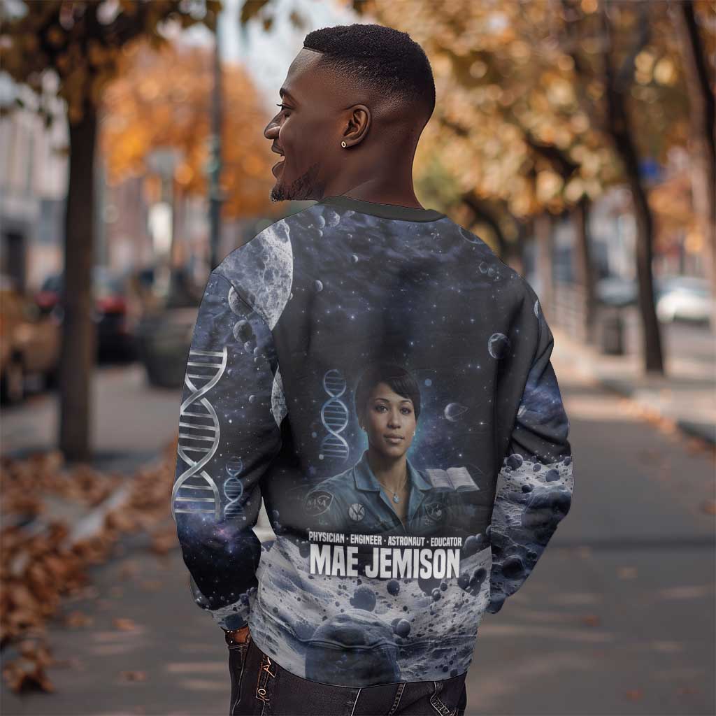 Mae Jemison Sweatshirt with Space Portrait Design, Science Has No Boundaries Quote and DNA Book Elements - Wonder Print Shop