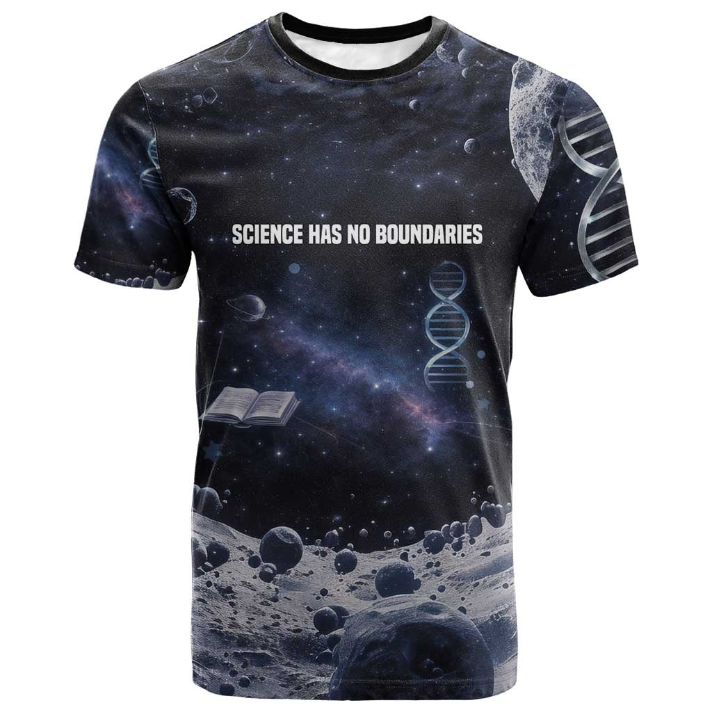 Mae Jemison T shirt with Space Portrait Design, Science Has No Boundaries Quote and DNA Book Elements - Wonder Print Shop