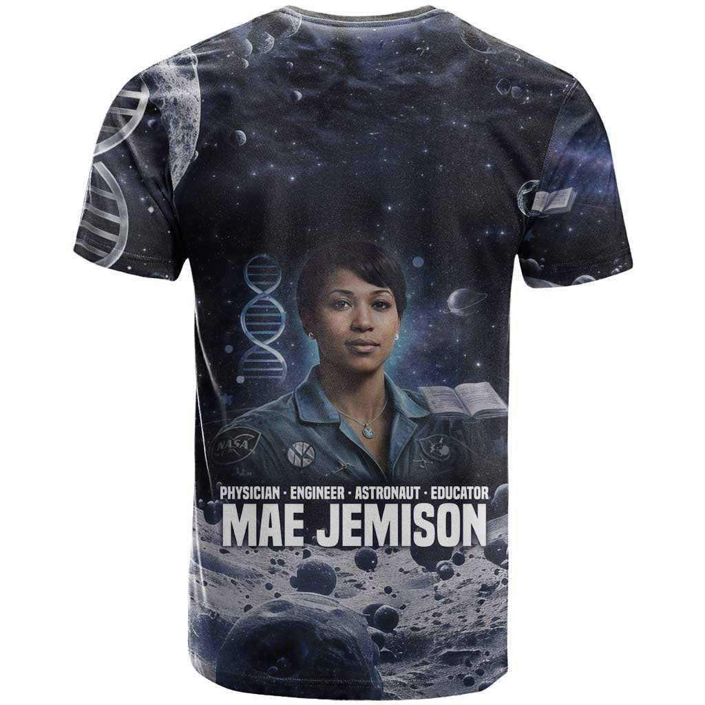 Mae Jemison T shirt with Space Portrait Design, Science Has No Boundaries Quote and DNA Book Elements - Wonder Print Shop