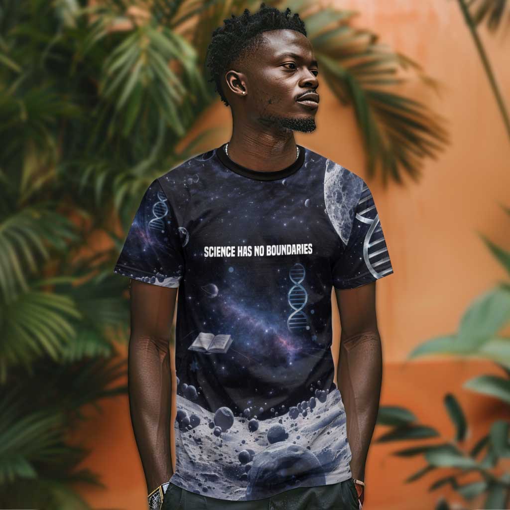 Mae Jemison T shirt with Space Portrait Design, Science Has No Boundaries Quote and DNA Book Elements - Wonder Print Shop