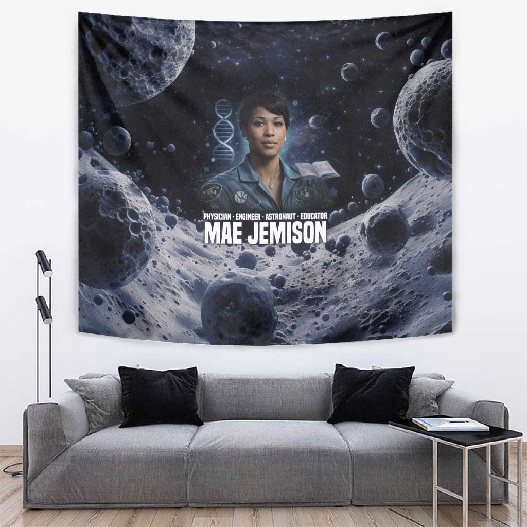 Mae Jemison Tapestry with Space Portrait Design, Science Has No Boundaries Quote and DNA Book Elements - Wonder Print Shop