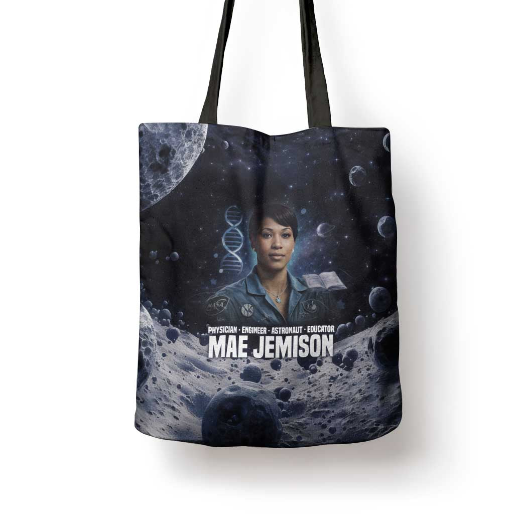 Mae Jemison Tote Bag with Space Portrait Design, Science Has No Boundaries Quote and DNA Book Elements - Wonder Print Shop