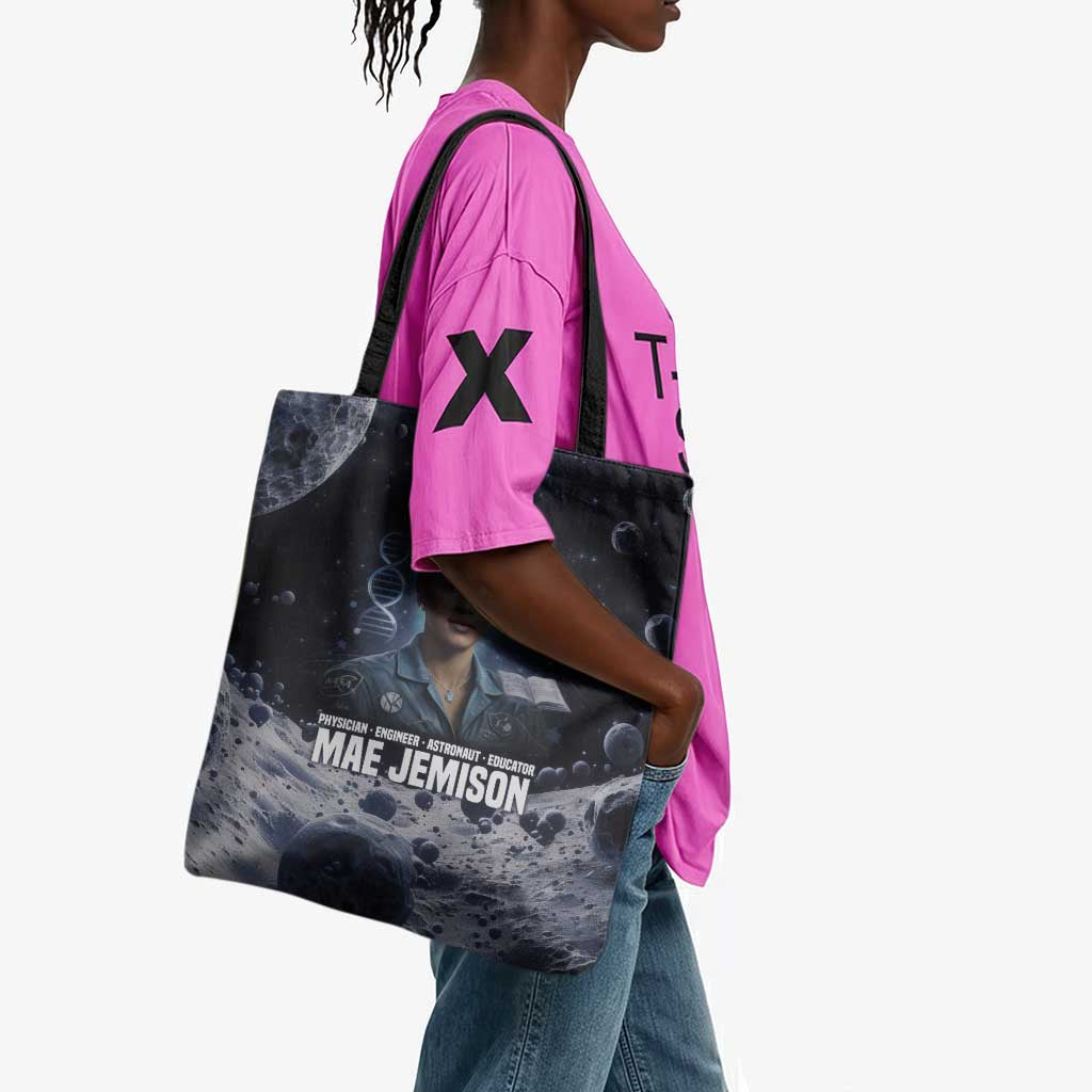 Mae Jemison Tote Bag with Space Portrait Design, Science Has No Boundaries Quote and DNA Book Elements - Wonder Print Shop