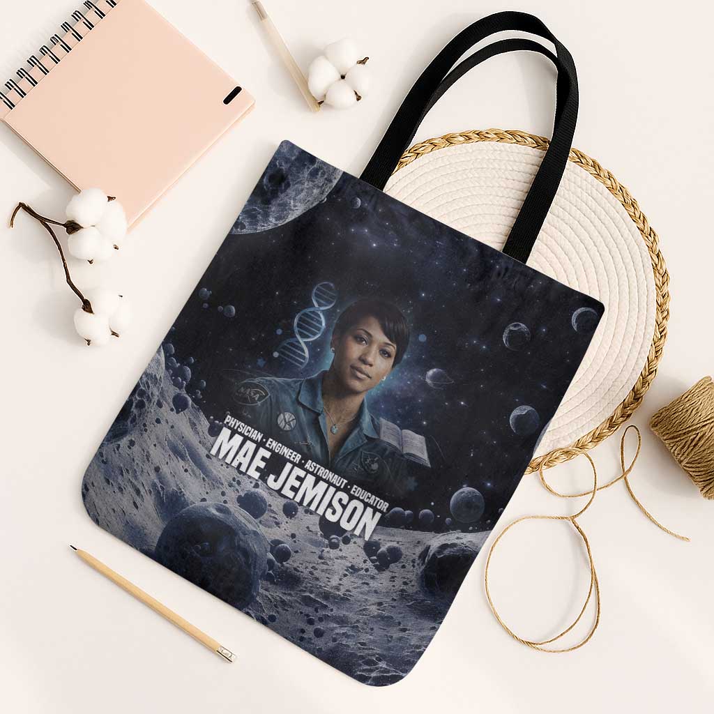 Mae Jemison Tote Bag with Space Portrait Design, Science Has No Boundaries Quote and DNA Book Elements - Wonder Print Shop