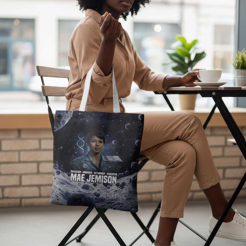 Mae Jemison Tote Bag with Space Portrait Design, Science Has No Boundaries Quote and DNA Book Elements - Wonder Print Shop