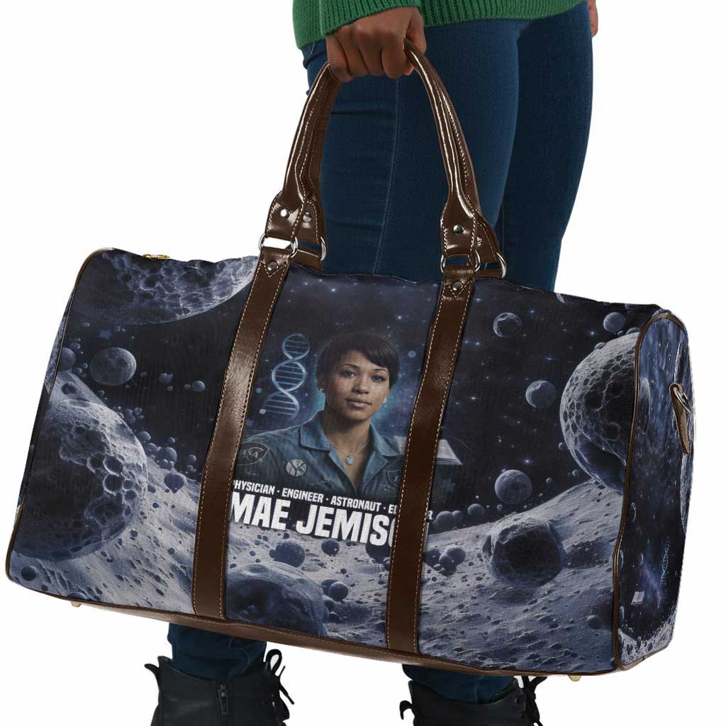 Mae Jemison Travel Bag with Space Portrait Design, Science Has No Boundaries Quote and DNA Book Elements - Wonder Print Shop