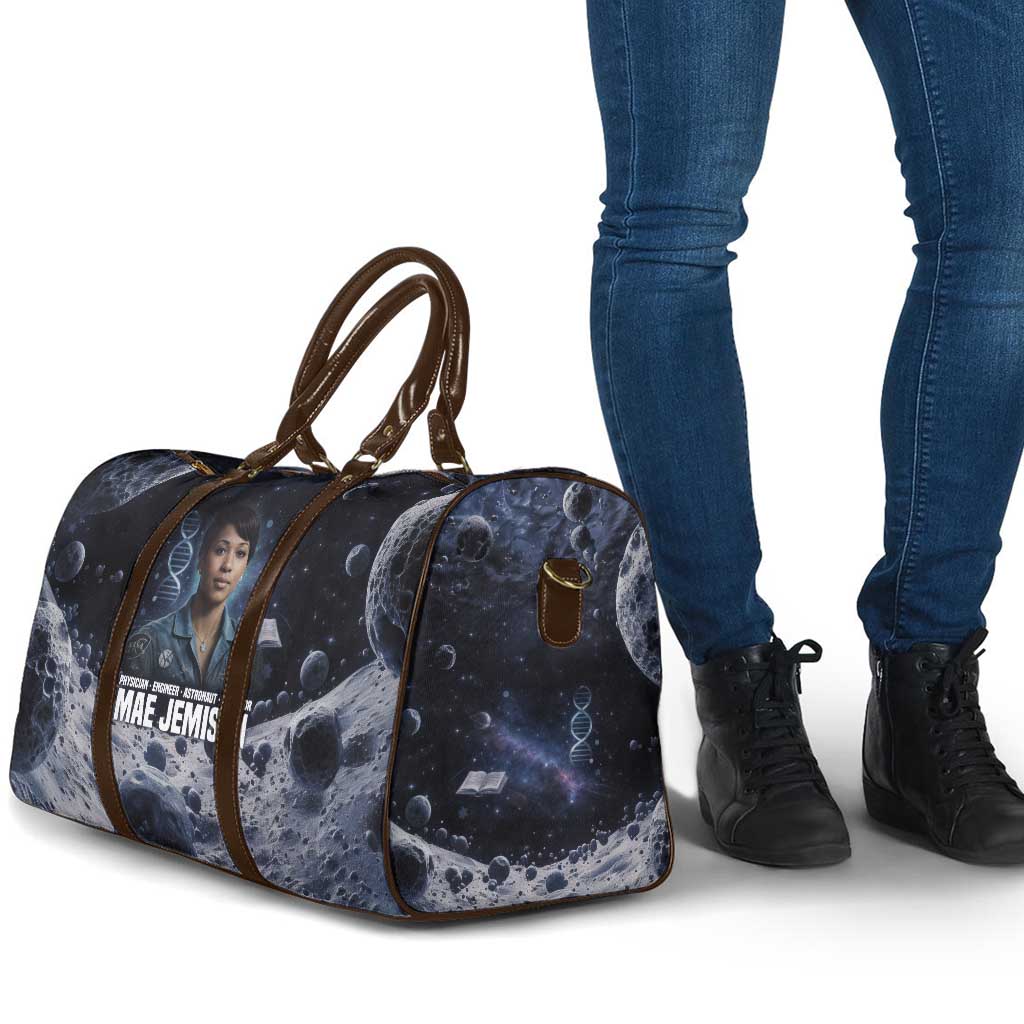 Mae Jemison Travel Bag with Space Portrait Design, Science Has No Boundaries Quote and DNA Book Elements - Wonder Print Shop