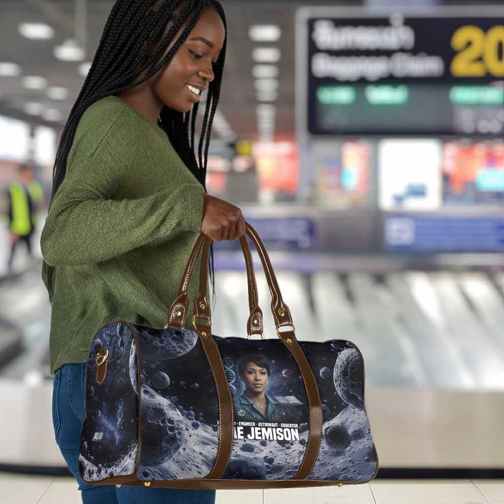 Mae Jemison Travel Bag with Space Portrait Design, Science Has No Boundaries Quote and DNA Book Elements - Wonder Print Shop