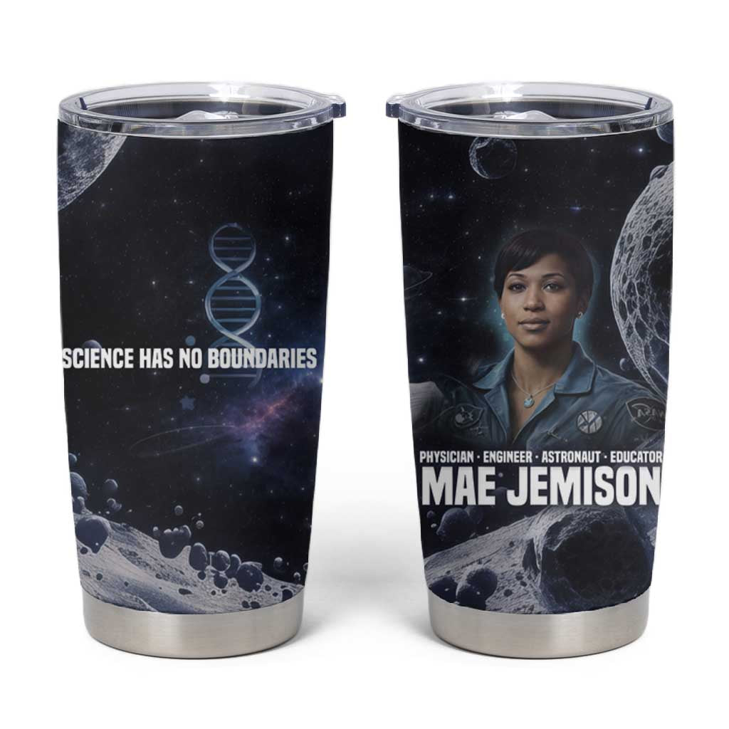 Mae Jemison Tumbler Cup with Space Portrait Design, Science Has No Boundaries Quote and DNA Book Elements - Wonder Print Shop