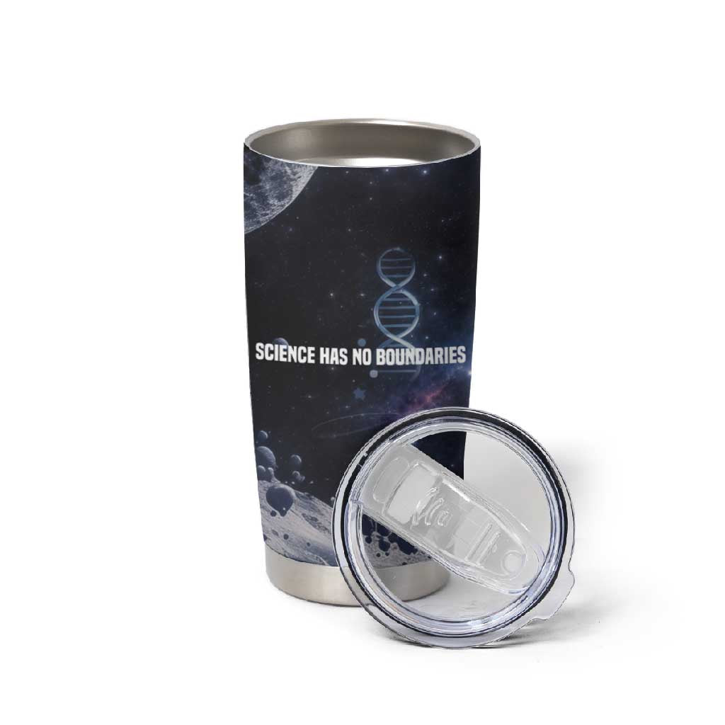 Mae Jemison Tumbler Cup with Space Portrait Design, Science Has No Boundaries Quote and DNA Book Elements - Wonder Print Shop