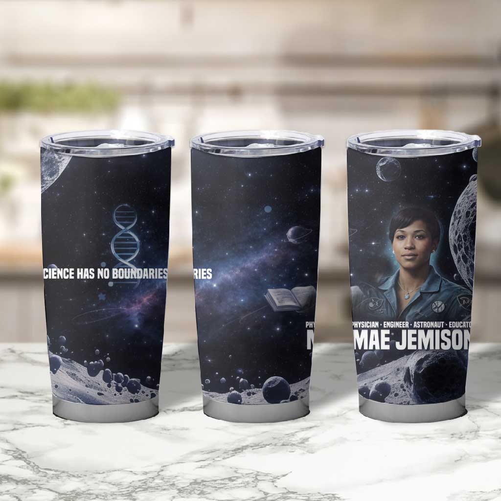 Mae Jemison Tumbler Cup with Space Portrait Design, Science Has No Boundaries Quote and DNA Book Elements - Wonder Print Shop