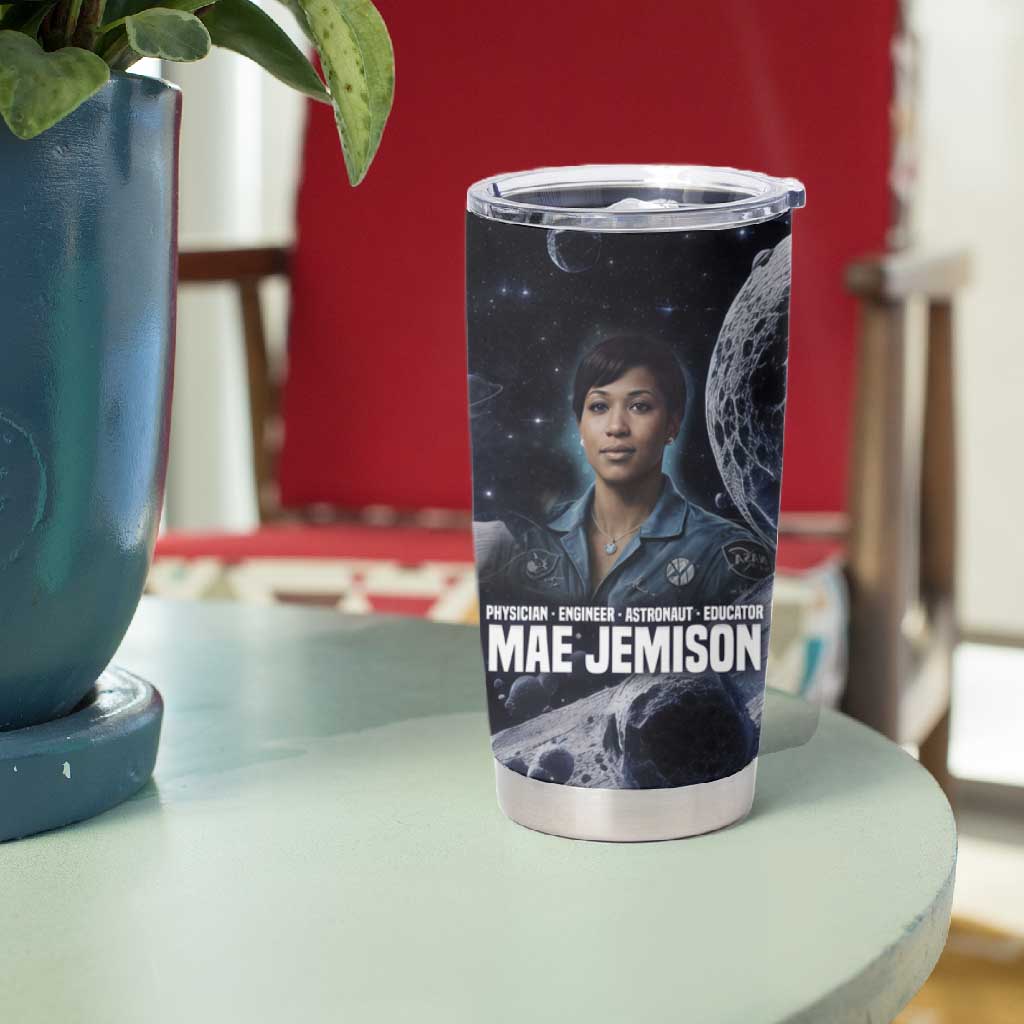 Mae Jemison Tumbler Cup with Space Portrait Design, Science Has No Boundaries Quote and DNA Book Elements - Wonder Print Shop