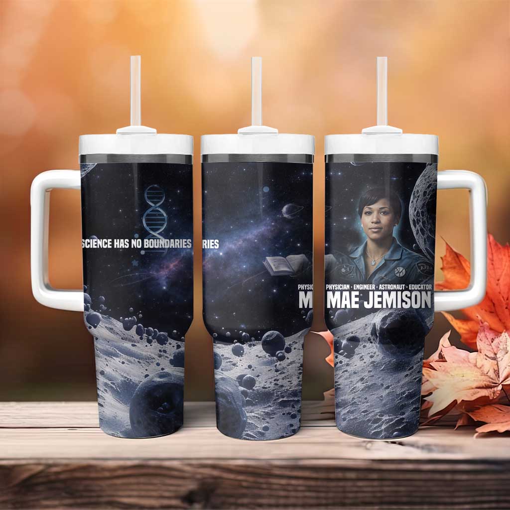 Mae Jemison Tumbler With Handle with Space Portrait Design, Science Has No Boundaries Quote and DNA Book Elements - Wonder Print Shop