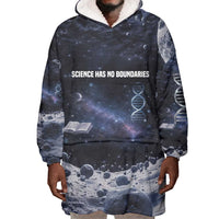 Mae Jemison Wearable Blanket Hoodie with Space Portrait Design, Science Has No Boundaries Quote and DNA Book Elements - Wonder Print Shop