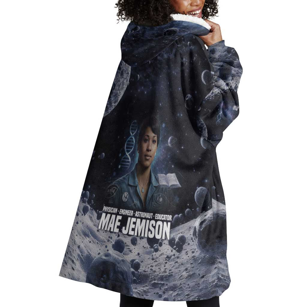 Mae Jemison Wearable Blanket Hoodie with Space Portrait Design, Science Has No Boundaries Quote and DNA Book Elements - Wonder Print Shop
