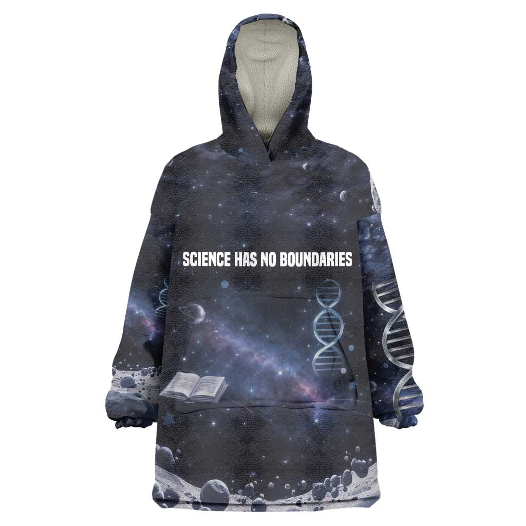 Mae Jemison Wearable Blanket Hoodie with Space Portrait Design, Science Has No Boundaries Quote and DNA Book Elements - Wonder Print Shop