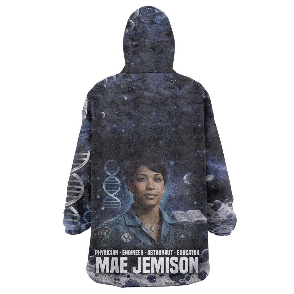 Mae Jemison Wearable Blanket Hoodie with Space Portrait Design, Science Has No Boundaries Quote and DNA Book Elements - Wonder Print Shop